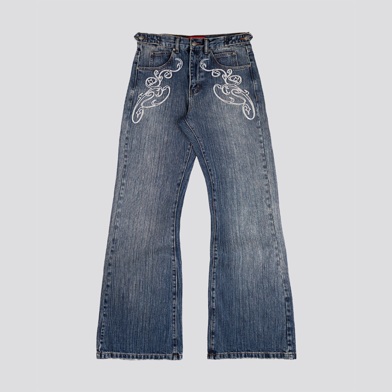 Embroidery On Jeans - Y2k 블루 오프닝 부츠컷 청바지 빈티지