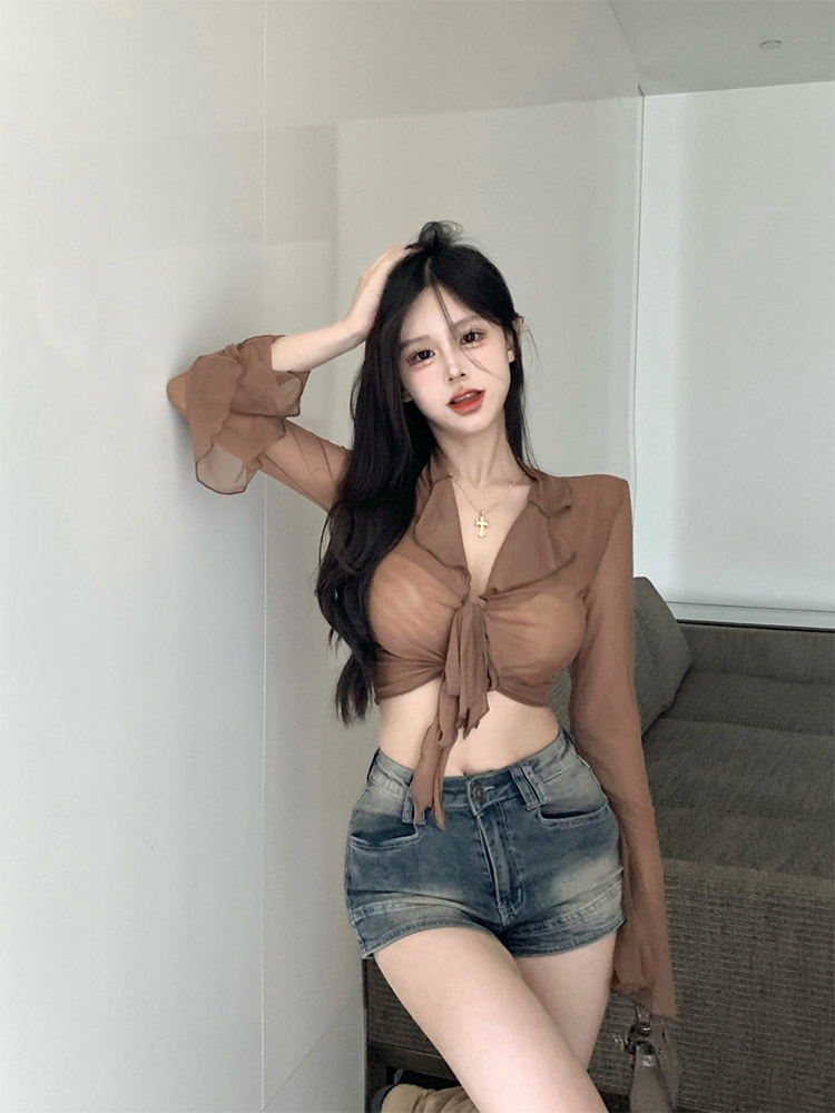 Embroidery Online - 여성용 긴 플레어 소매 블라우스, 레이스업