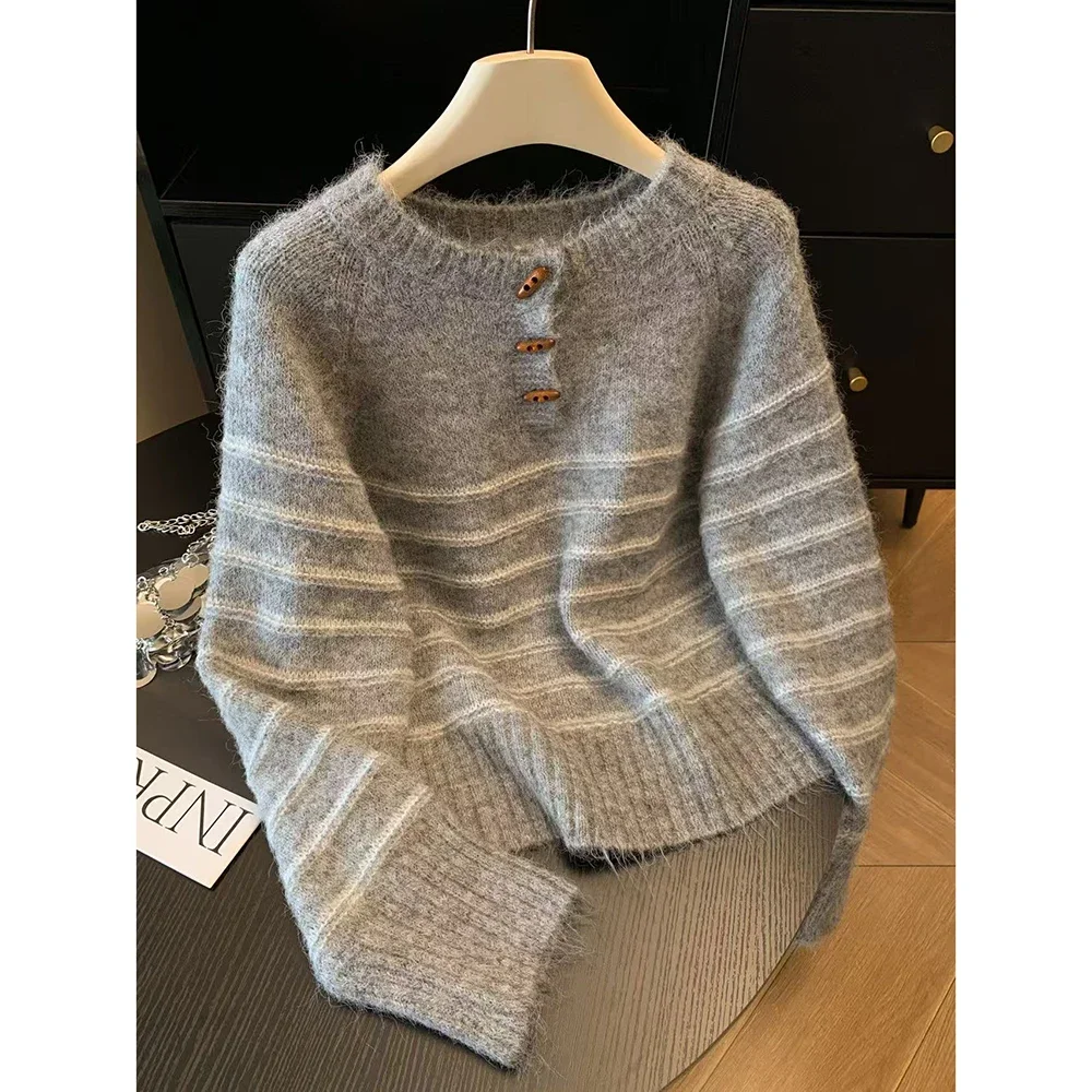 Embroidery Knit - 가을 겨울 여성용 스트라이프 울 캐시미어
