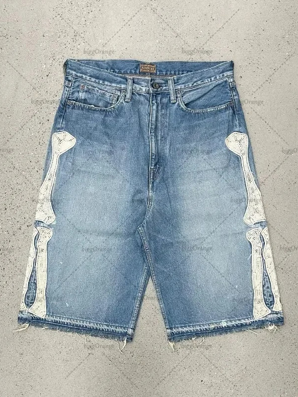 Embroidery On Jeans - Deeptown Y2k 빈티지 하라주쿠 데님 반바지