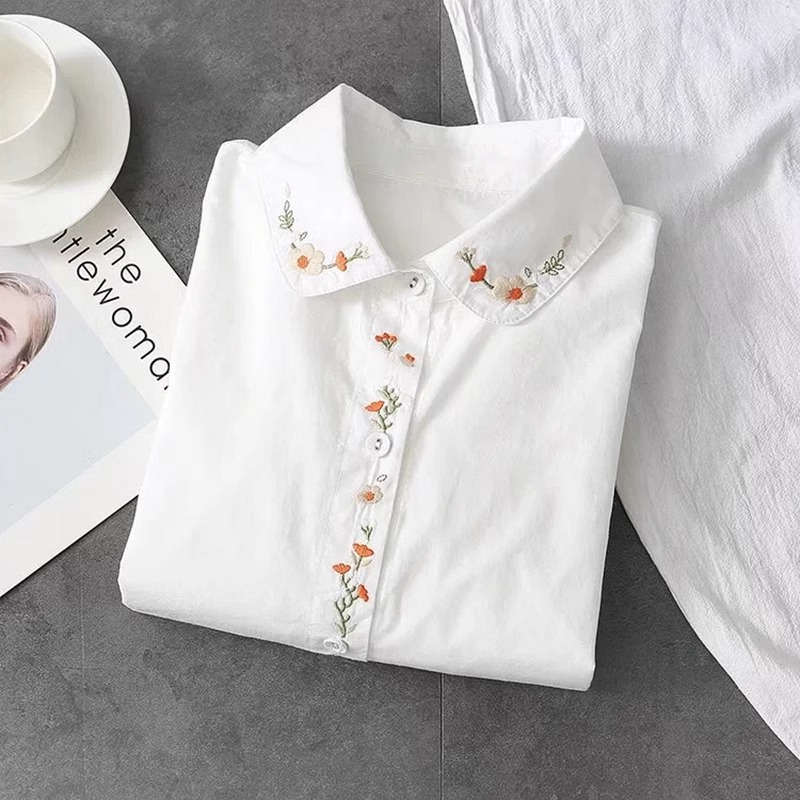 Embroidery Online - 새로운 순수 코튼 화이트 셔츠 여성은