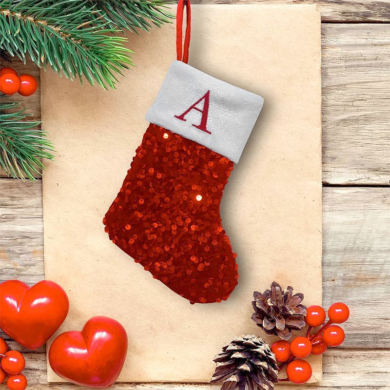 빨간색 스팽글 크리스마스 양말, A 자수, 회색 벨벳  - Embroidery Xmas Stocking 리뷰 및 가격