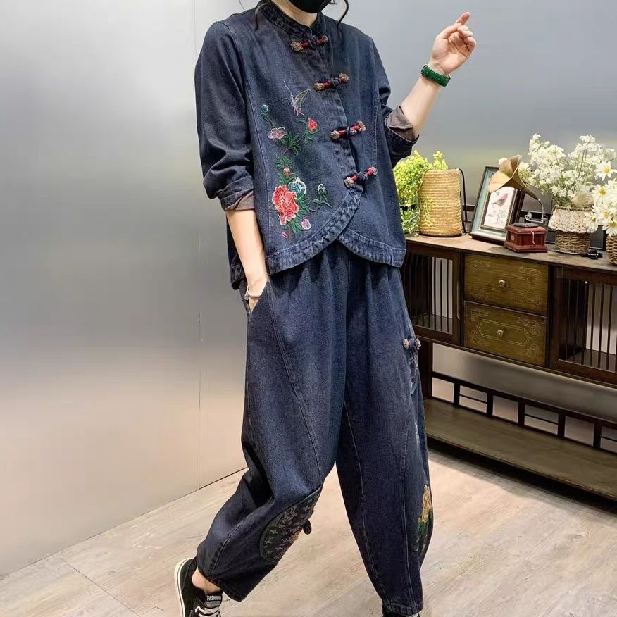 빈티지 단추 느슨한 자수 꽃 데님 패션 세트, 다용도  - Embroidery On Jeans 리뷰 및 가격