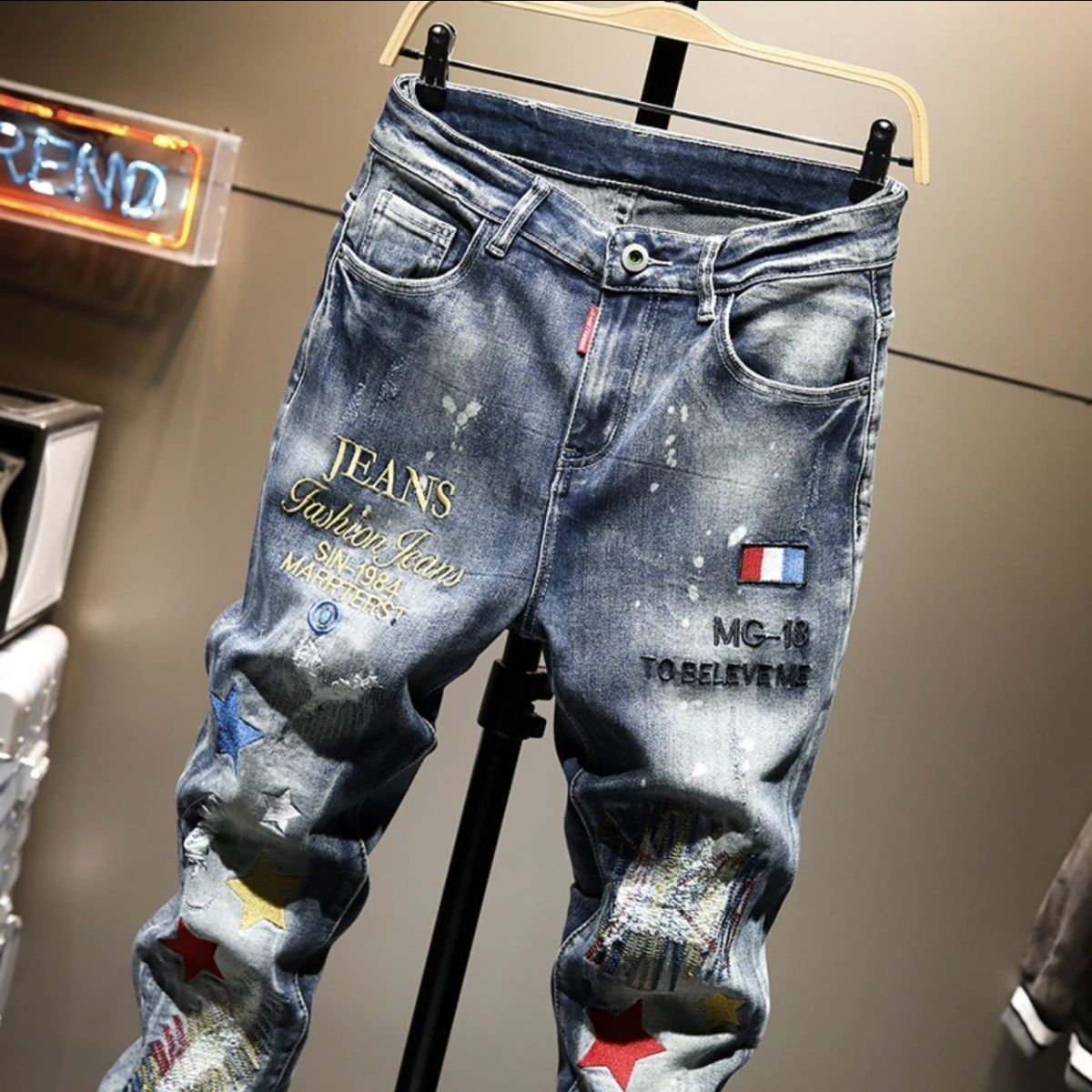 고급 미국 중공업 스타일 찢어진 자수 청바지 남성용 2 - Embroidery On Jeans 리뷰 및 가격
