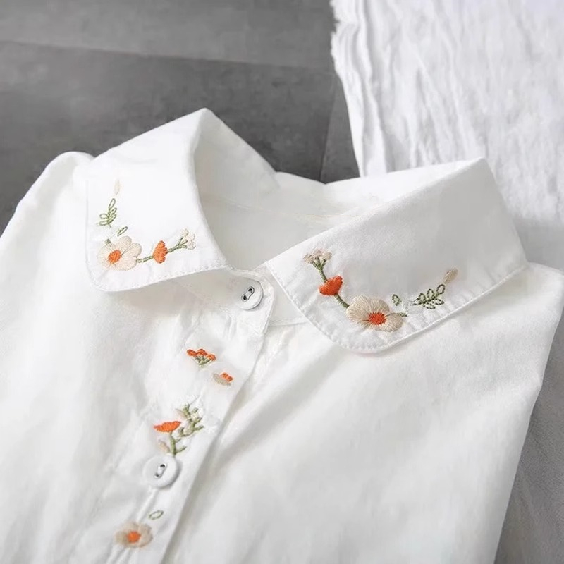 새로운 순수 코튼 화이트 셔츠 여성은 칼라 수 놓은 긴 - Embroidery Online 리뷰 및 가격
